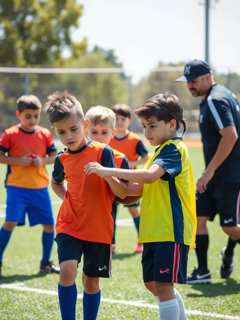 A vibrant photo of children participating in a football training session, showcasing the energy and enthusiasm of the program.
