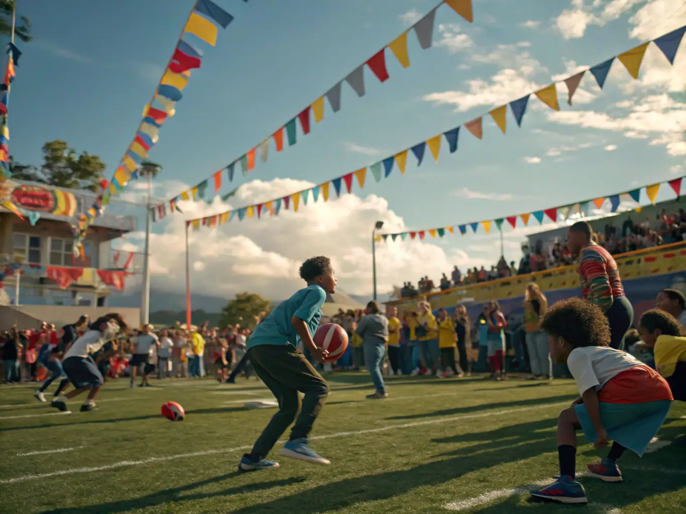 A vibrant image of a local football tournament, showcasing players of different ages and backgrounds competing enthusiastically on the field, with spectators cheering from the sidelines.