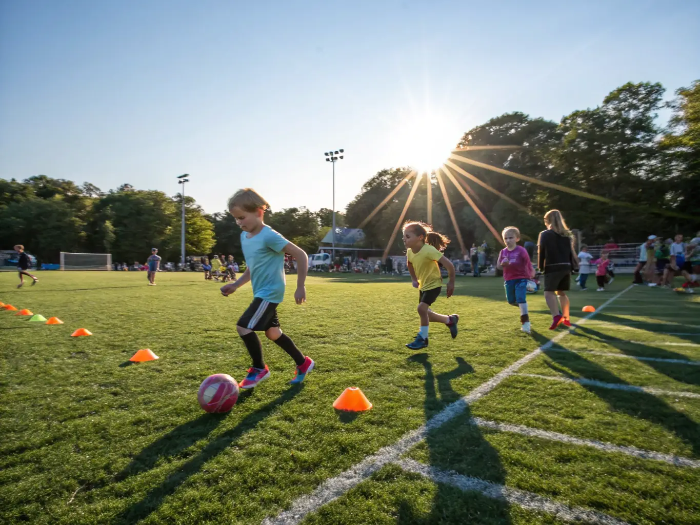 A photograph of children participating in a football training session, guided by experienced coaches, emphasizing skill development and teamwork.