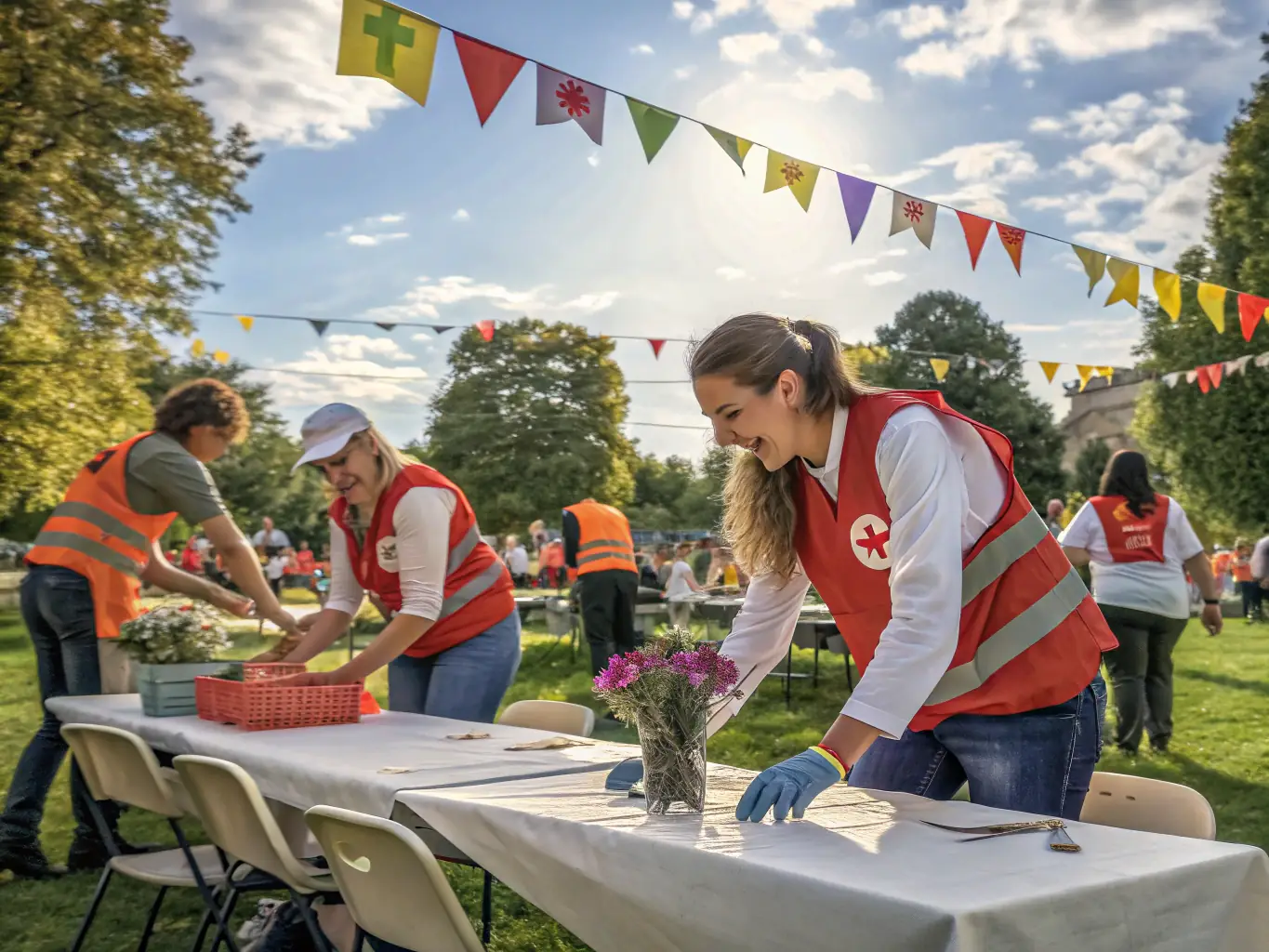 An image of volunteers setting up for a charity football match, highlighting the community's involvement and support for local causes.