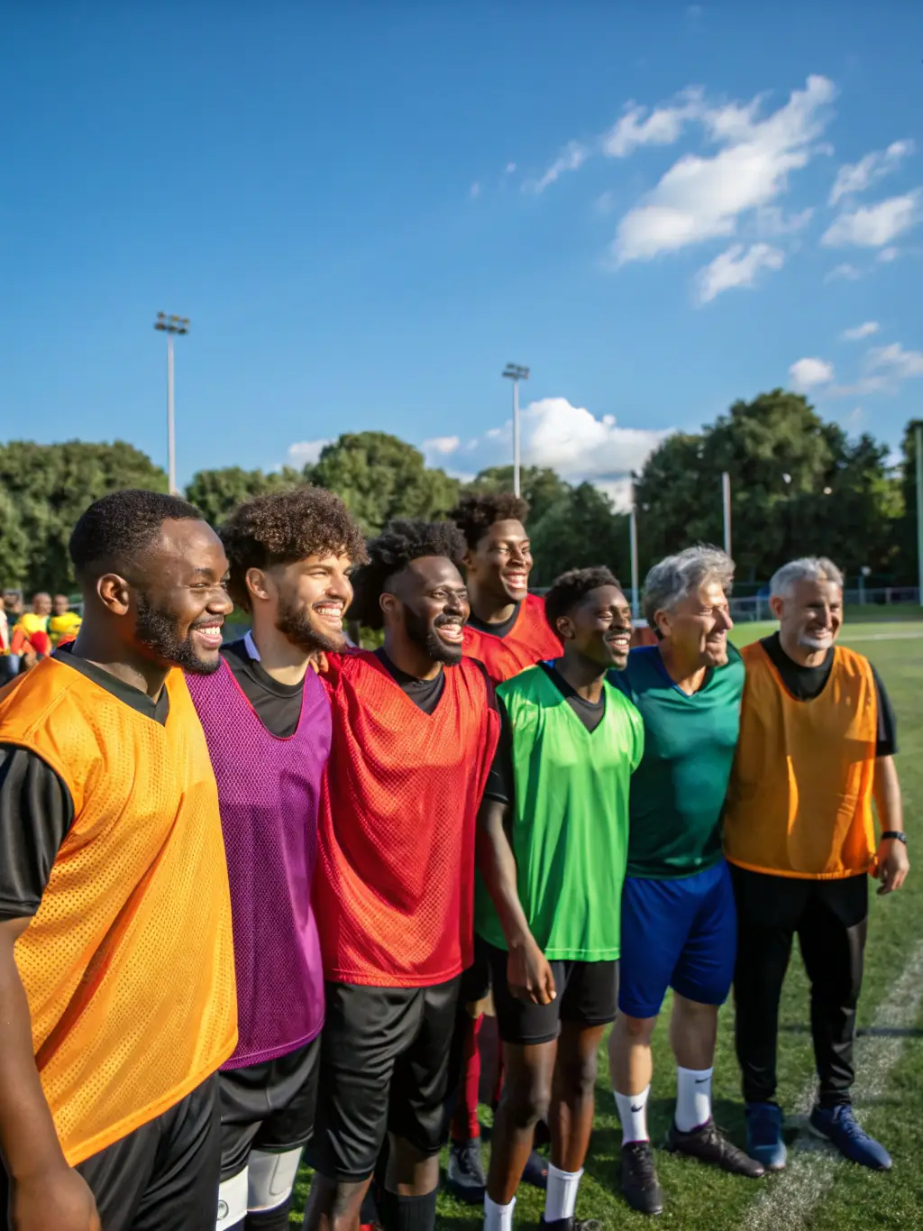 A group of adults playing a friendly football match, emphasizing the inclusive nature of the adult programs.